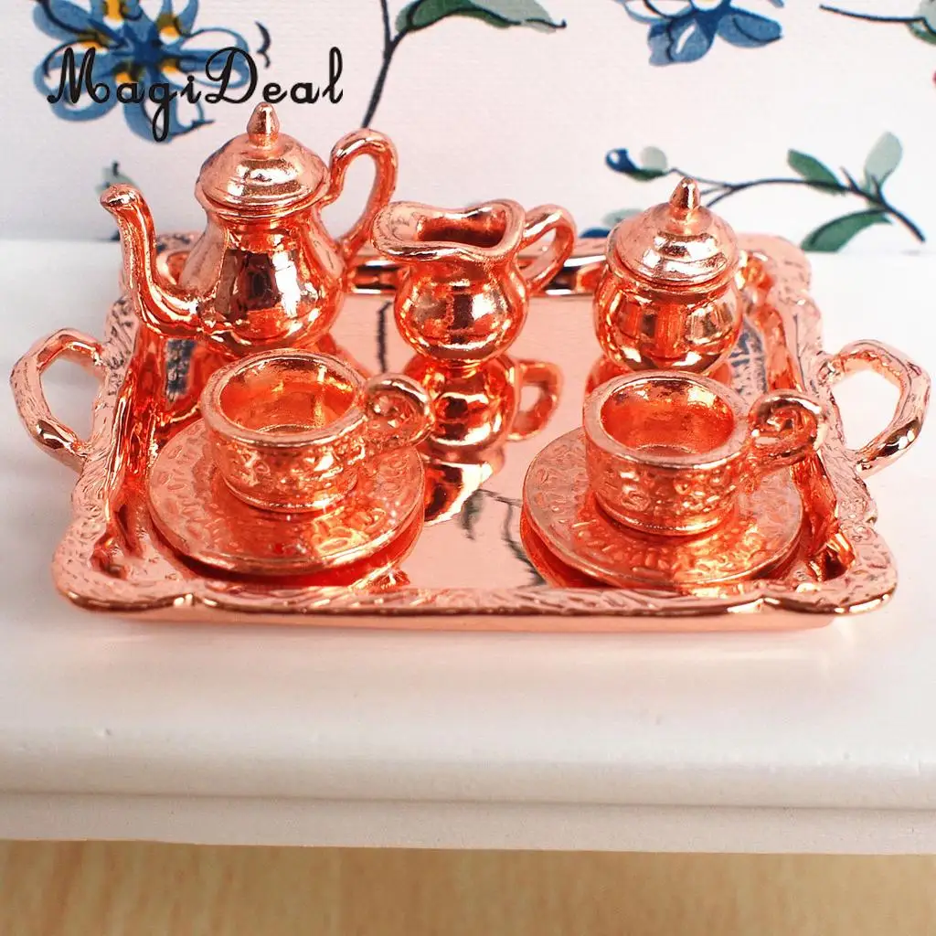 10 штук 1:12 Кукольный Миниатюрный Медь металлический набор для чая кофе с подносом Винтаж Стиль столовые приборы кухонные принадлежности