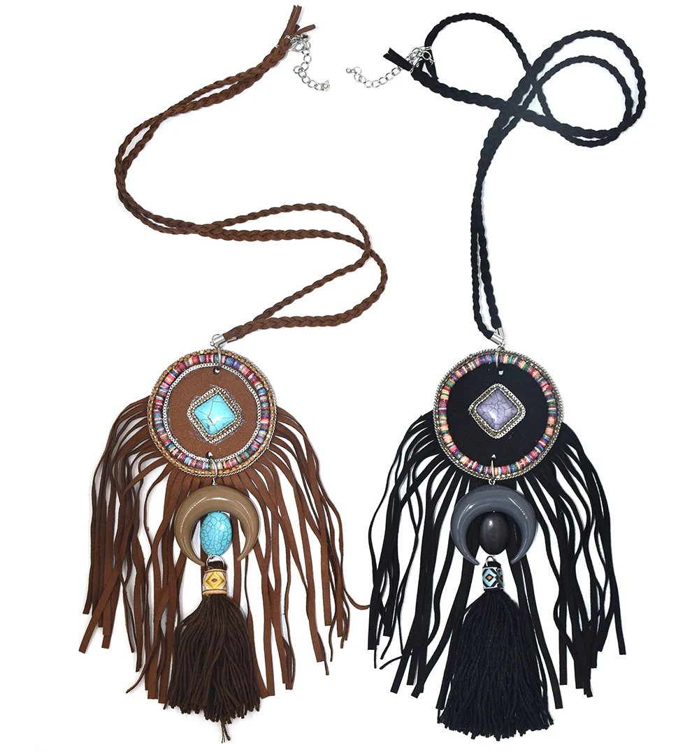 2017 New Boho beads moon crescent pendant necklace cotton Tassel charm leather fringe Black pendent Necklac