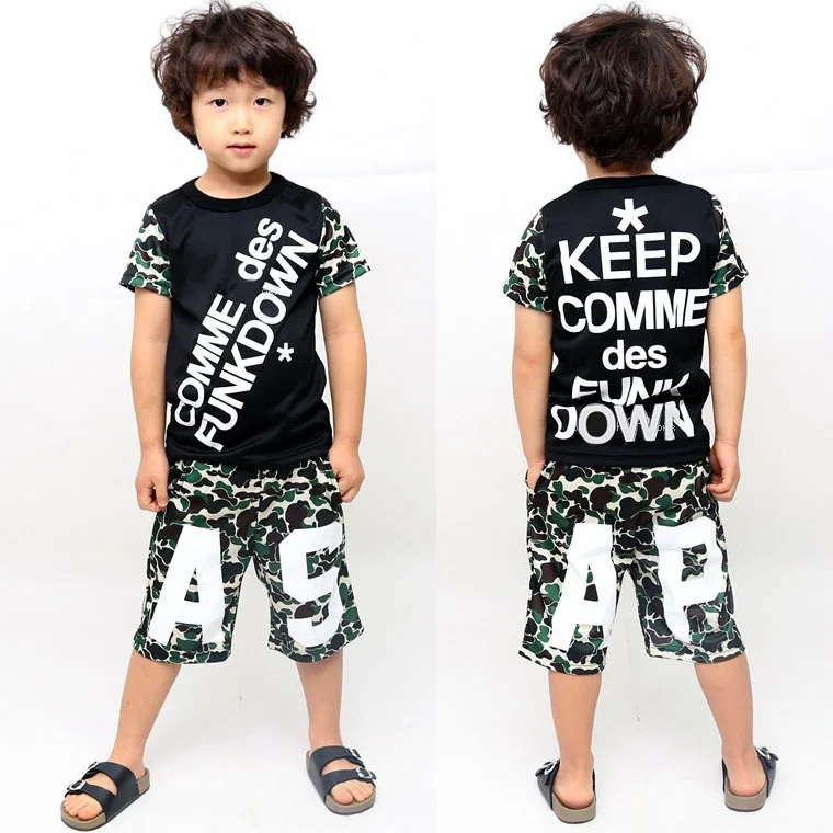 

2016 spring summer children's clothing set Boy Girl Costumes Camouflage shorts & Hip Hop dance T-shirt kids  suits twinset