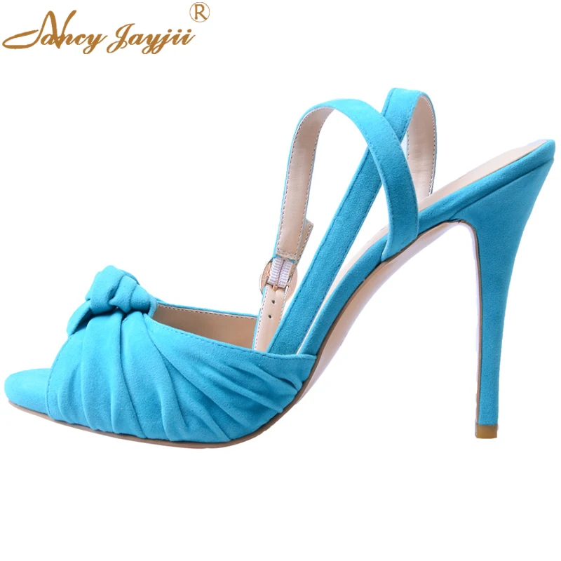 Summer Sky Blue Women Fashion Pleated Turquoise Flock Ankle Strap 10cm