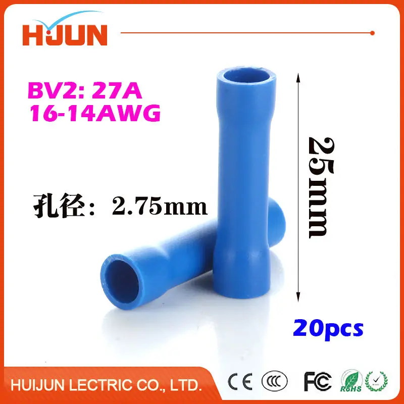 

20pcs/lot Blue Butt Splice Connector Seam Type Cable Wire Joiner Fully Insulation Crimp Terminal for 1.5-2.5mm2,16-14AWG