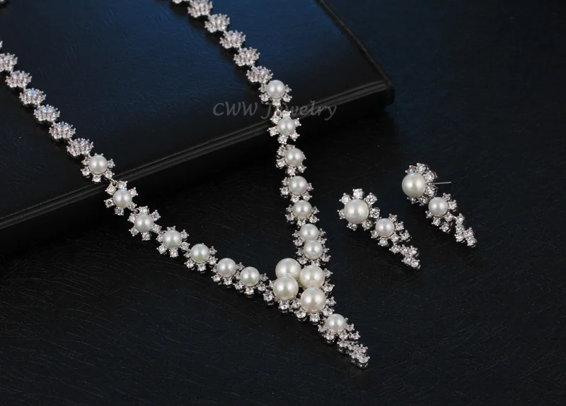 CWWZircons High Quality Round CZ Stones Setting Large Pearl Dorp Earrings And Necklace Jewelry Sets For Wedding T249|jewelry sets|quality jewelry