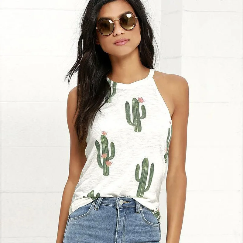 

Summer New Sleeveless Black White T Shirt Women Cactus Print Tees Halter Harajuku Women TShirt Tops Tees Female Shirts Camiseta