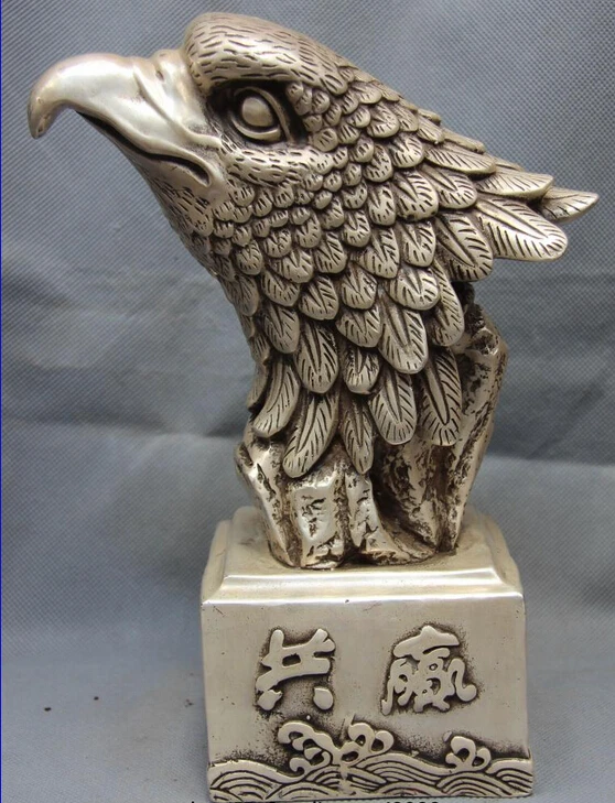 

Collectible bronze lion statue S0214 9.5 Chinese White Copper Silver Lucky Win Hawk falcon Eagle Bird Head Art Statue.