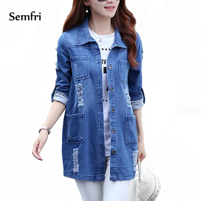 

Semfri Long Jean Jacket Women Denim Basic Coat 2019 Slim Casual Blue Fashionable Coat Outwear with Pockets Windproof Windbreaker