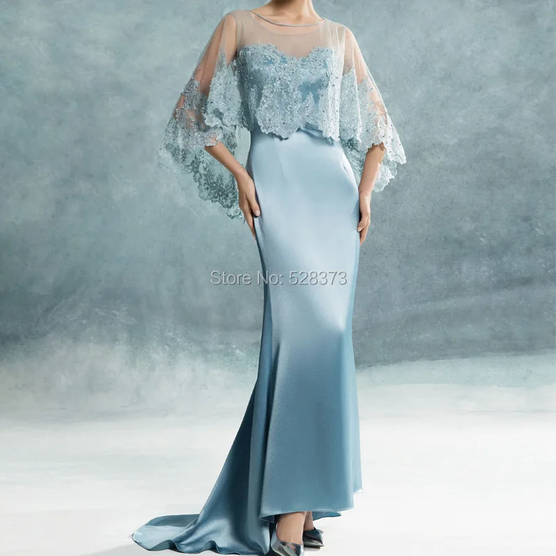 YNQNFS MD114 элегантное светло-голубое атласное с юбкой-русалкой платье для матери невесты/жениха наряды с кружевное покрывало/куртка/пальто