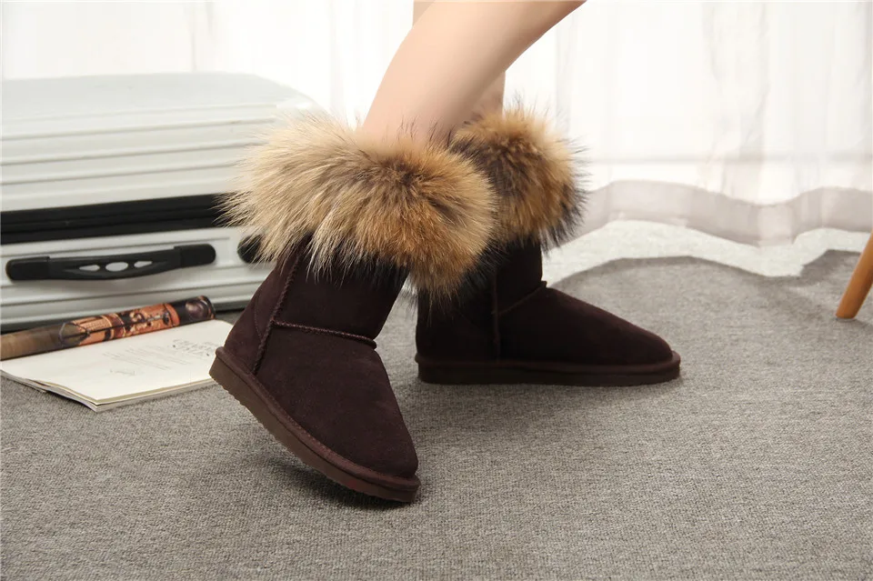 MBR FORCE Fashion Women's Natural Real fox Fur Snow Boots Genuine Cow Leather women Boots Female Warm Winter Boots Shoes