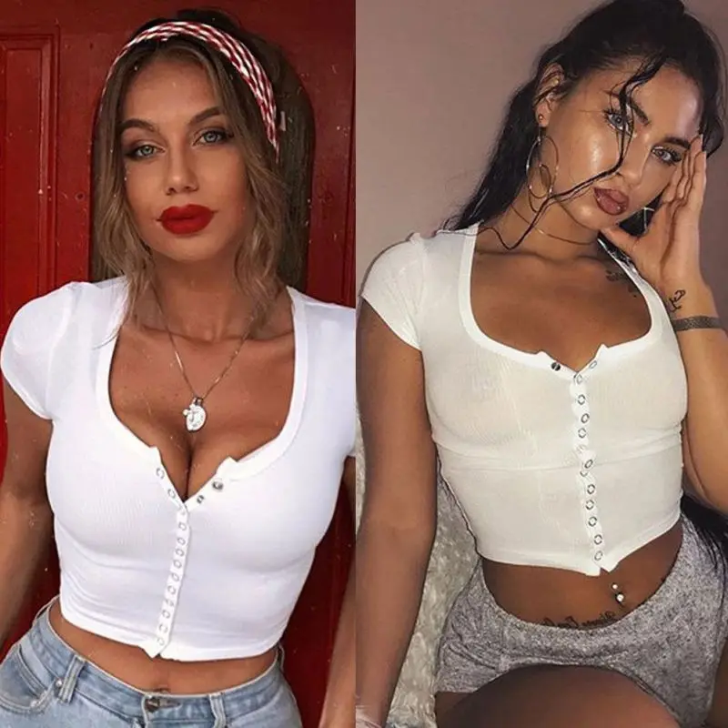 

2019 Fashion Sexy Women Short Sleeve Crop Top Button Vest Halter Casual White Tank Tops Blouse Short Shirt