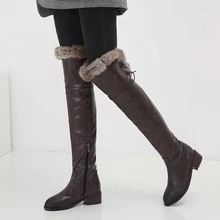 Кожаные женские зимние сапоги; коллекция года; теплые зимние женские сапоги до бедра с толстым плюшем; зимняя обувь; высокие сапоги на каблуке; женская обувь