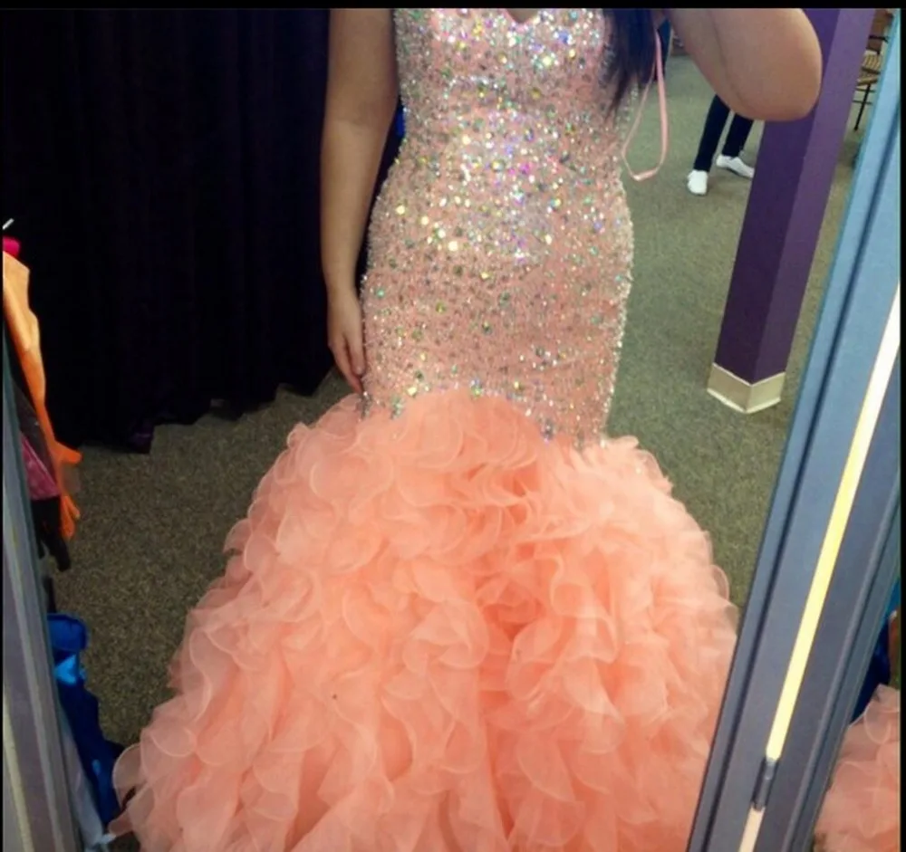 2016 real picture mermaid with heavily beading prom dress organza ruffled formal floor length prom gowns best selling