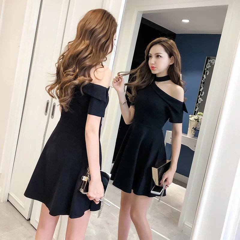 Night dress women temperament Slim thin One shoulder word collar strapless black Sexy dress autumn new women's clothing dresses