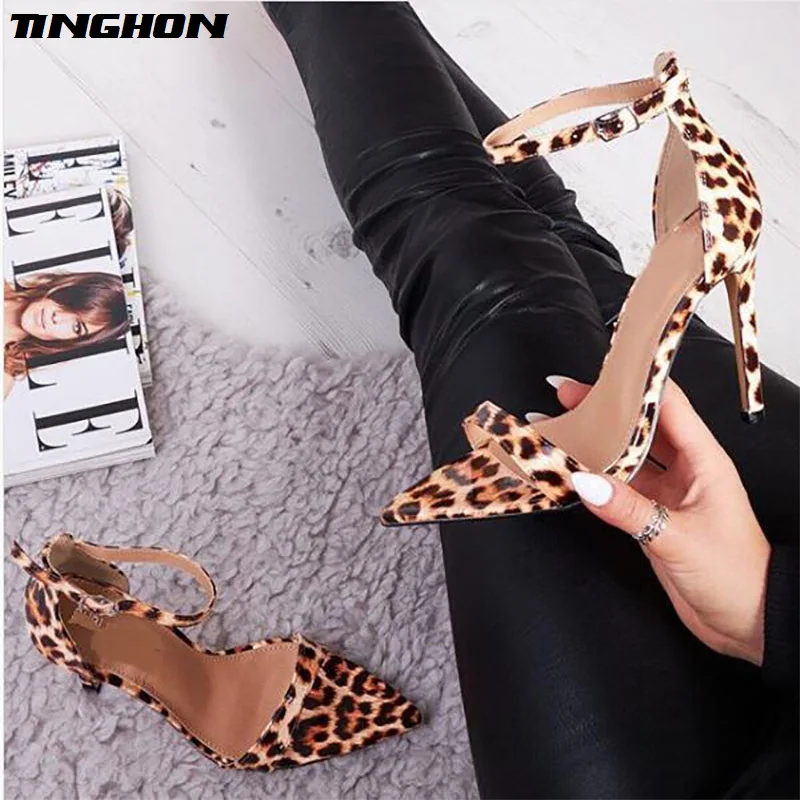

TINGHON Summer Sexy Women Sandals Leopard Thin High Heels Peep Pointed Toes Woman Wedding Shoes Ankle Strap Shoes size 35-40
