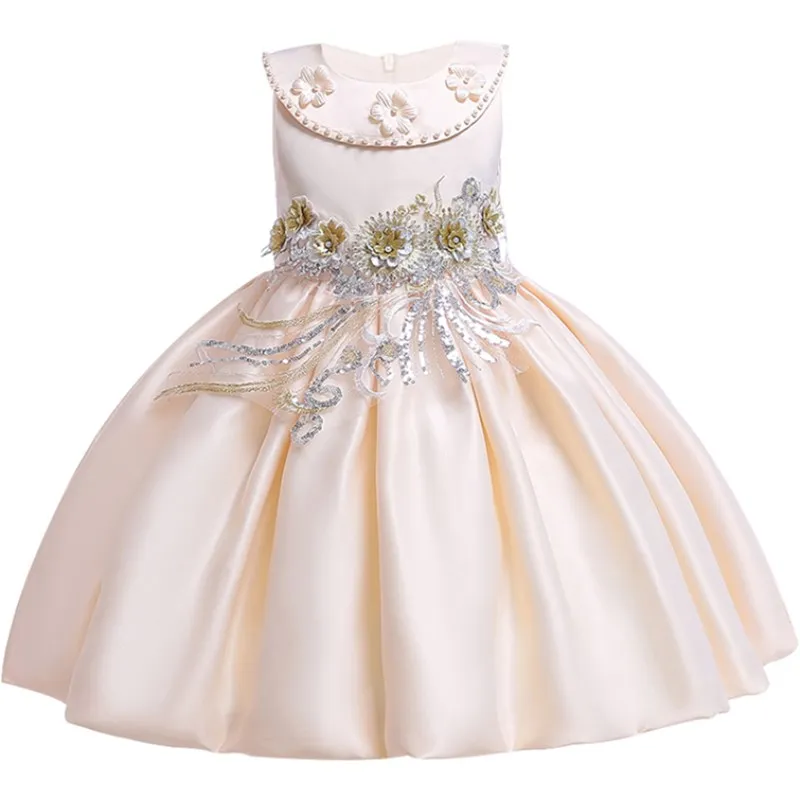 Летние Детские платья для девочек; кружевное элегантное платье принцессы с цветочным узором для девочек на свадьбу, день рождения, вечеринку; Детские платья для девочек; костюм - Цвет: Champagne