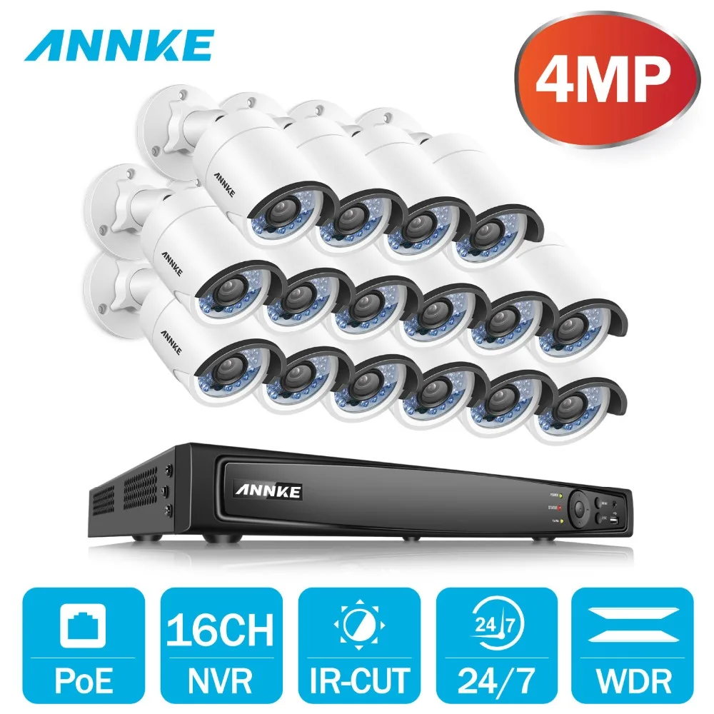 

ANNKE 16CH 6.0MP POE Video Security System With 16pcs 4mm 4MP 2688x1520P Weatherproof Night Vision Cameras P2P Onvif WDR NVR Kit
