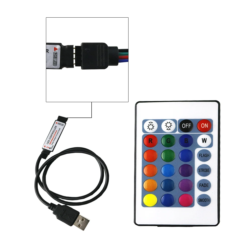 

Mini RGB Led Controller 24Keys RF Wireless Remote Controller With 4pin USB Cable DC5V 12A For 3528 5050 SMD LED Light Strip L