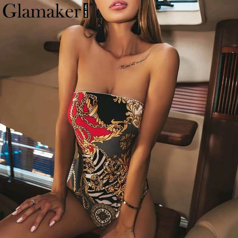 

Glamaker Sexy strapless one-piece suits bodycuit Women vintage bodycon summer swimwear Bodysuit print elegant beach swimsuit set