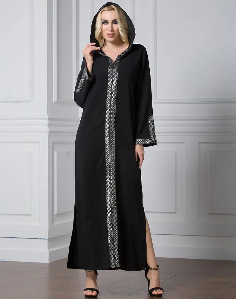 Мусульманское Абая вышивка Макси платье с капюшоном кардиган длинный халат платья размера плюс свободные ТОБ Jalabiya Ближний Восток Исламская одежда
