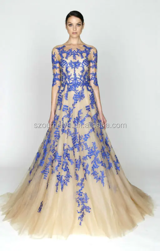 Onc114 Celebrity Red Carpet Royal Blue Embroidery Nude Tulle Half Sleeve Evening Dress