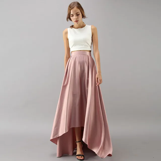 Elegant High Low Long Skirt High Waist Satin Blush Pink Pleated Long