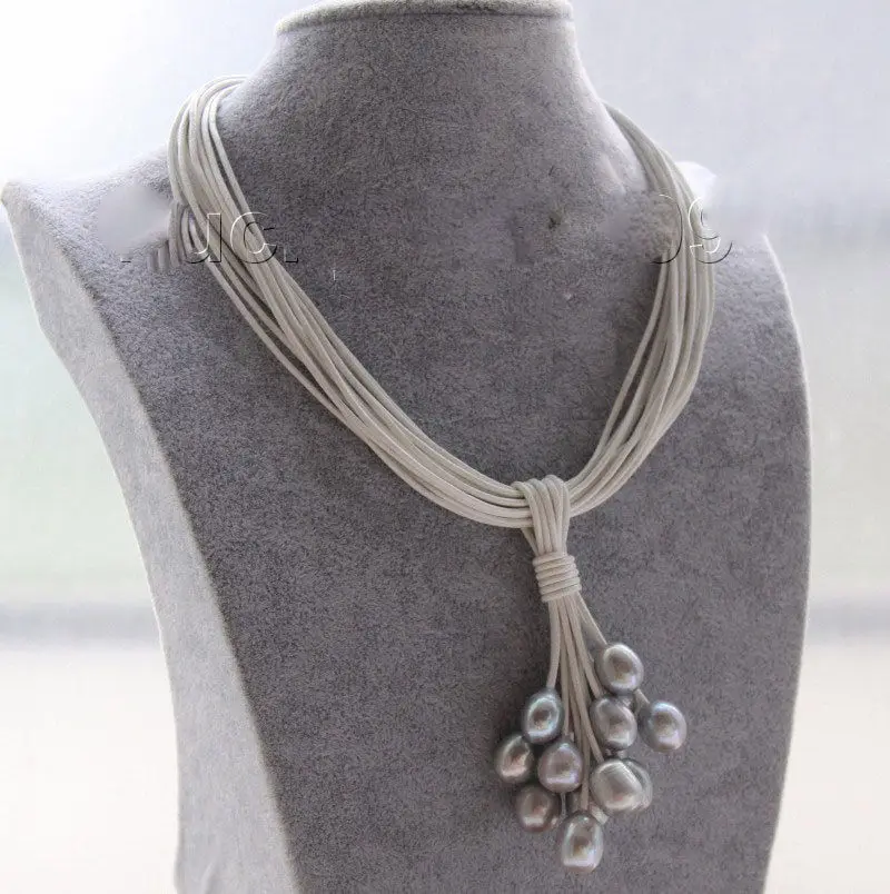 

FREE SHIPPING *****Choker 16" 15row 14mm gray pearls white leather Pendant necklace