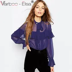 Varboo_elsa сексуальная перспектива Длинные рукава рубашка элегантный Лепесток рукавом Блузка Повседневное оборками шифоновая рубашка