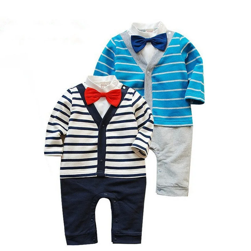 

Striped Jumpsuit Baby Fake Two Pieces Necknot Gentleman Rompers Long Sleeve Cotton Conjunto Infantil Formal Striped Jumpsuit