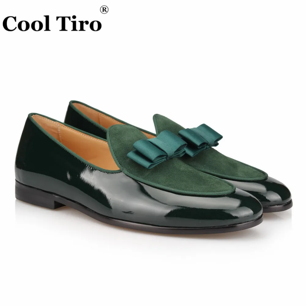 COOL TIRO Men loafers Stitching Green patent leather suede bow three ...