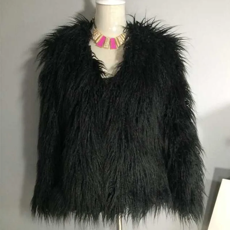 Зимнее элегантное серое меховое пальто Черное женское пушистое теплое пальто с длинным рукавом серая куртка меховое пальто PC065