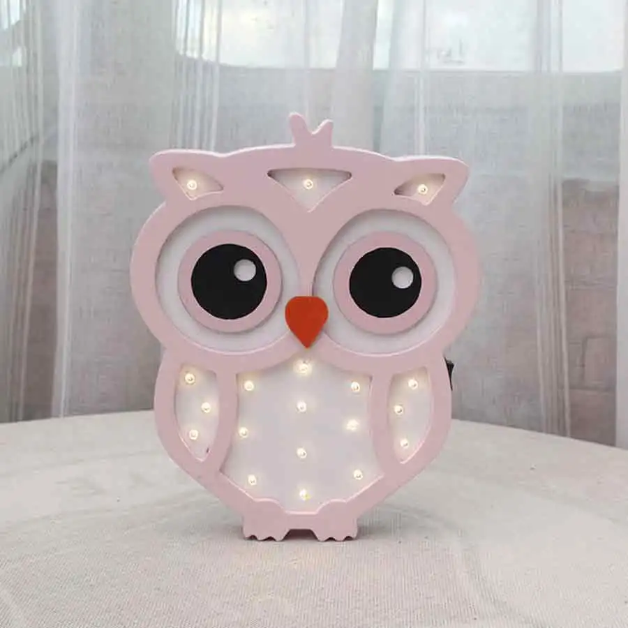 Pink Owl Деревянный ночной Светильник с изображением мороженого, единорога, медведя из мультфильма, детский ночной Светильник для спальни, светодиодный настенный светильник с батареей для детей, украшения для девочек - Испускаемый цвет: Pink Owl