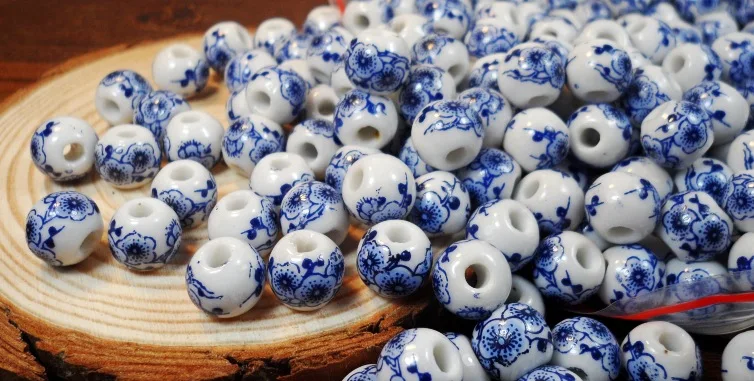 big blue ceramic beads,4 white ceramic beads,blue spots porcelain beads,oval porcelain beads,blue glazed bead,big hole glazed porcelain bead
