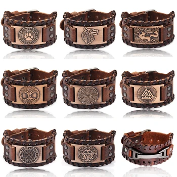 

Charm Wide Leather Bracelet Men Punk Braided Rope Alloy Cuff Bangle Male Wristband Viking Bracelet Mens Jewelry