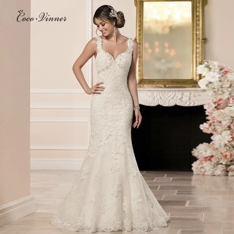 

V Neck Backless Elegant Mermaid Wedding Dresses 2019 Appliques Vestido De Noiva Bride Dress casament Lace Wedding Dresses W0003