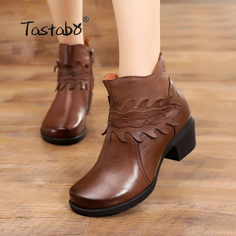 

Tastabo Ladies Black Shoes Women Square Heel Retro Boots Handmade Ankle Boots for Women Fashion Soft Genuine Leather Shoes