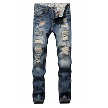 Hot 2016 New designer famous brand upscale cotton men jeans ripped pants European and American style