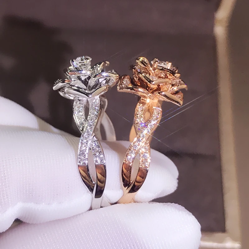 

Rose gold Silver color Shiny CZ Flower ring High quality AAA Crystal cute girls finger rings size 6-10 Wedding jewelry Bague