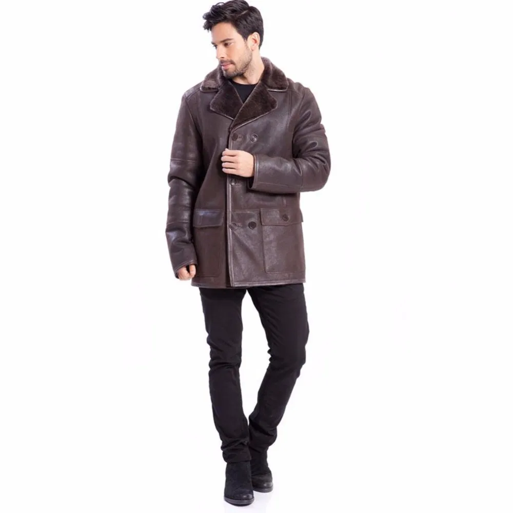 classic cosy periwinkle плед Classic Genuine Leather Shearling Sheepskin Jacket for Men - Notched Collar, Full of Wool, Warm and Cosy