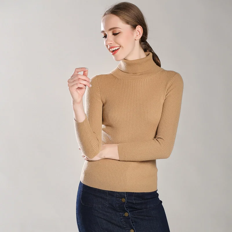 Women's 35% Cashmere Turtleneck Allover Ribbed Pullover Slim Solid Trend Colors Multi Base Model Sweater For Women Jumper 2018 | Женская