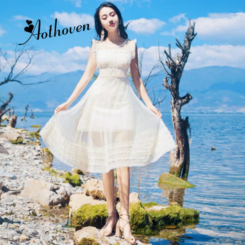 

Summer Gauze Patchwork Lace Beach Dress Women White Petal Sleeve O-Neck Vintage Dress Elegant Casual Party Club Lady Dresses