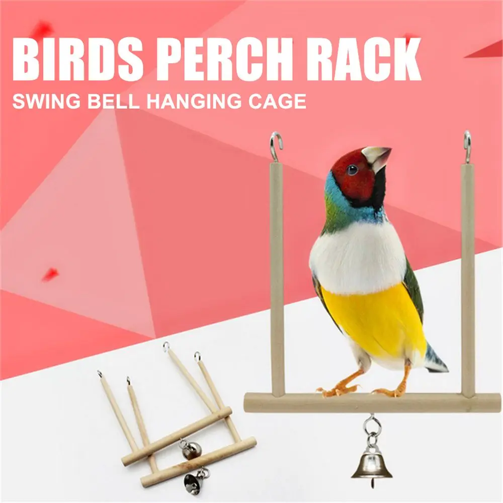 

Natural Wooden Birds Parrot Stand Perch Play Toy Stand Holder Swing Bell Hanging Cage Bird Cage Accessories Pet Toy