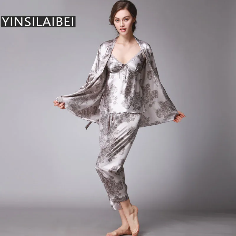 

3pcs/Set Faux Silk Satin Pajamas for Women Pijamas Mujer Ladies Pyjamas Femme Women Plus Size Sleepwear Nightwear SY102#0