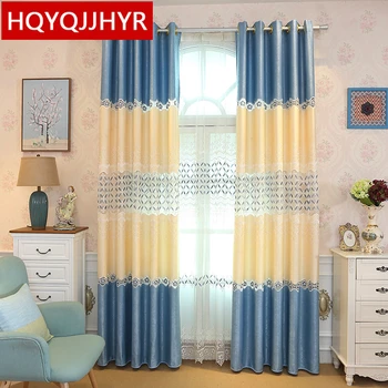 

European luxury bedroom floor curtains classic blue embroidered stitching upscale bedroom living room kitchen curtains