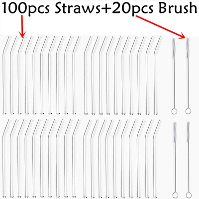 100pc Reusable and Temperature Resistant Environmental Glass Water Drinking Straws with Brush Wedding Birthday Party - Цвет: Bent Straw