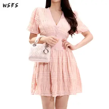 

Women Dresses Vneck Short Puff Sleeve Summer Dress 2019 Pink Sexy Party Elegant Bodycon Casual Office Lady Mini Aline Sundress