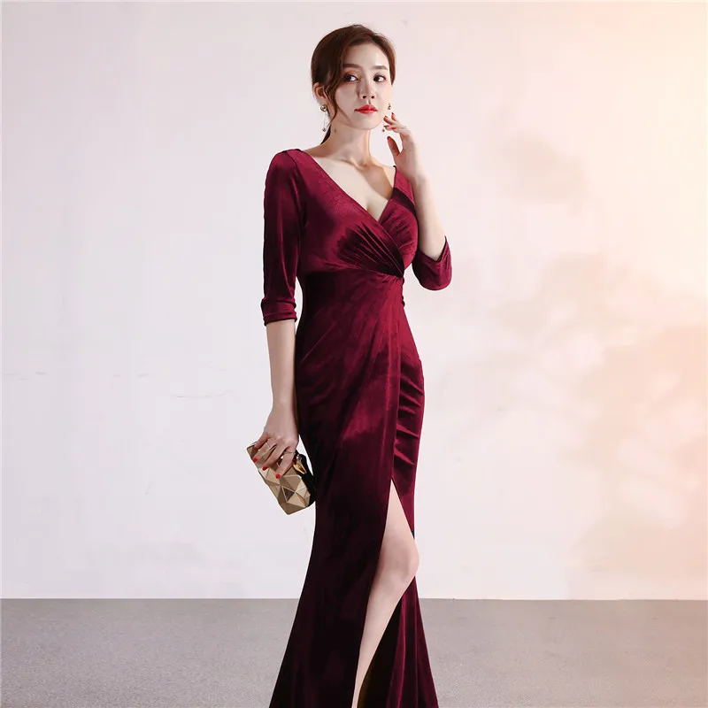Сексуальное бордовое вельветовое длинное платье русалки с глубоким v-образным вырезом и рукавом 3/4, женское элегантное рождественское вечернее платье