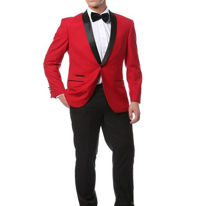 180 (1) Red Jacket + Black Pants and Bow Tie Hankerchief Groomsmen Shawl Lapel Groom Tuxedos Side Vent Men Suits Wedding Best Man B925