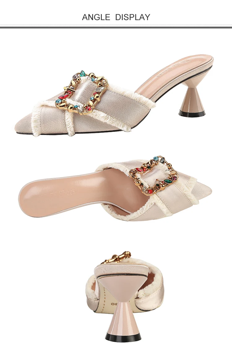 Новые летние женские сабо ботинки на высоком каблуке Острый носок Кристалл Повседневное стильная женская обувь абрикосового цвета снаружи Тапочки