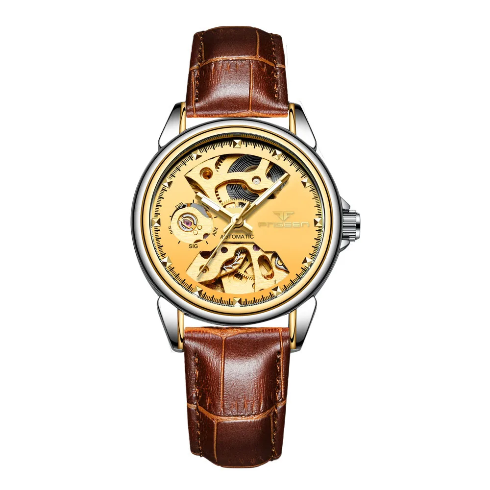 Женские часы,, Топ бренд FNGEEN, модные, Роскошные, самовзводные, автоматические часы, женские, Hodinky, скелет, турбийон, механические часы - Цвет: Leather Twotone Gold