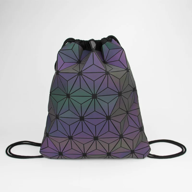 New Women Luminous Drawstring Backpacks Fold Shoulder Bags Beach Bag Girls Geometric Bagpack Holographic Backpack Purse