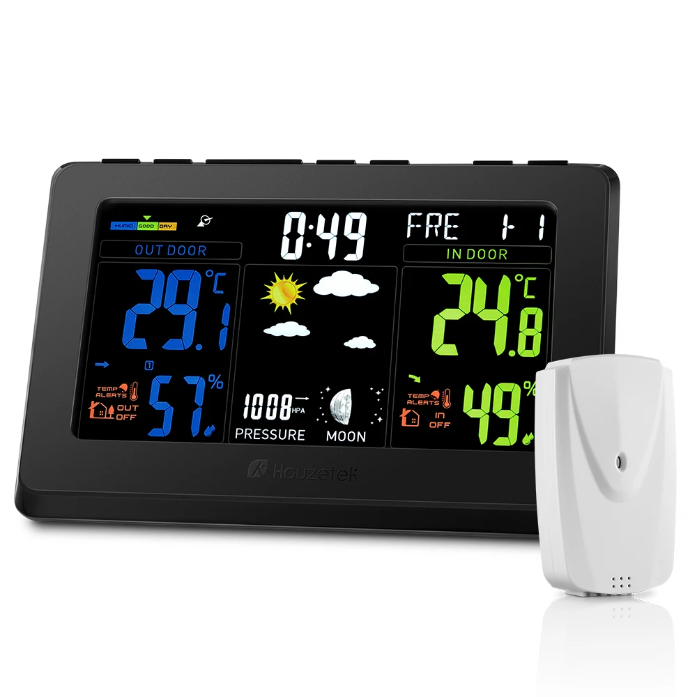 

Houzetek S657 Weather Station Temperature Humidity Wireless Sensor Indoor Colorful LCD Display Weather Forecast Alarm Clock