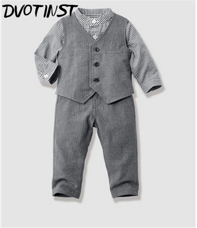 Baby Boys Clothes Full Sleeves Gentleman Grey Formal Suit Shirt+Vest+Pants 3pcs Set Outfit